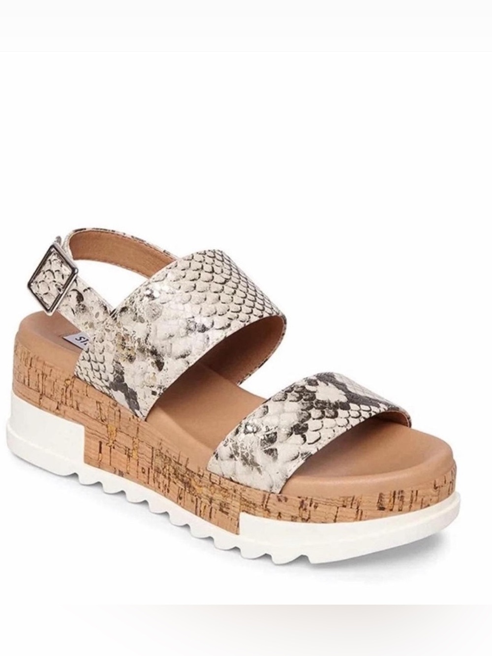 STEVE MADDEN- Platform Cork Sandal with Snakeskin Straps - White/Black